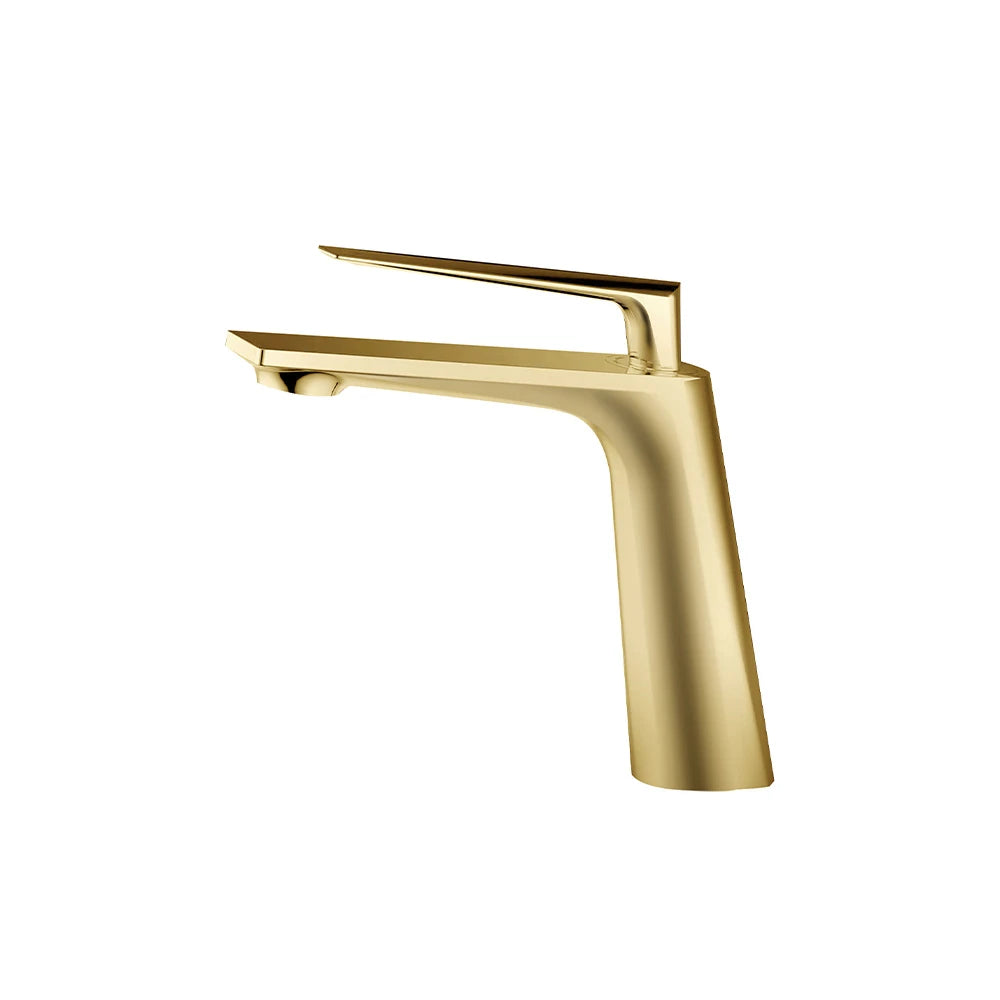 Brushed gold single-hole bathroom basin faucet, brass body, flat angular spout — SANIKB FYF-01052