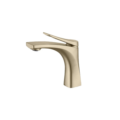 Brushed gold single-hole bathroom basin faucet, brass body, lifted lever handle, curved spout — SANIKB FYF-01056