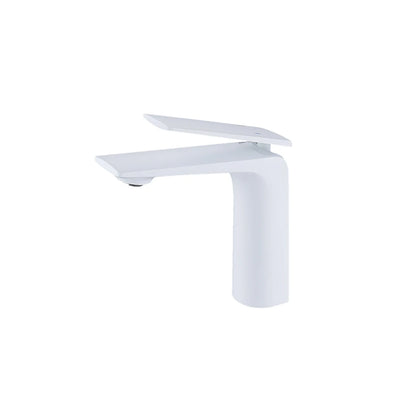 Matte white single-hole bathroom basin faucet, brass body, angular blade spout — SANIKB FYF-01647