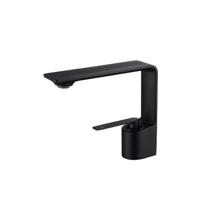 Matte black single-hole bathroom faucet, brass, cantilevered blade spout, standard height — SANIKB FYF-01674.