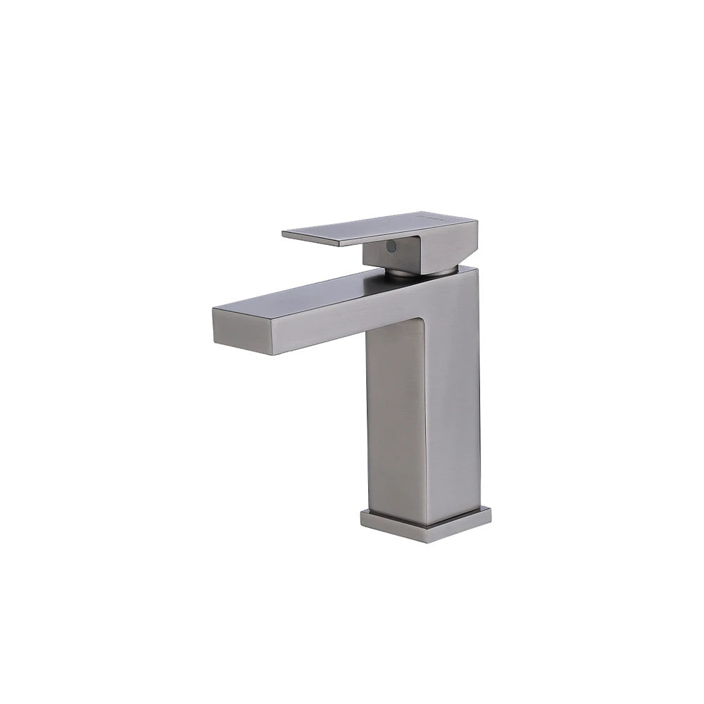 Brushed nickel single-hole bathroom basin faucet, brass, squared standard body, angular spout — SANIKB FYF-01028.