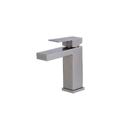 Brushed nickel single-hole bathroom basin faucet, brass, squared standard body, angular spout — SANIKB FYF-01028.