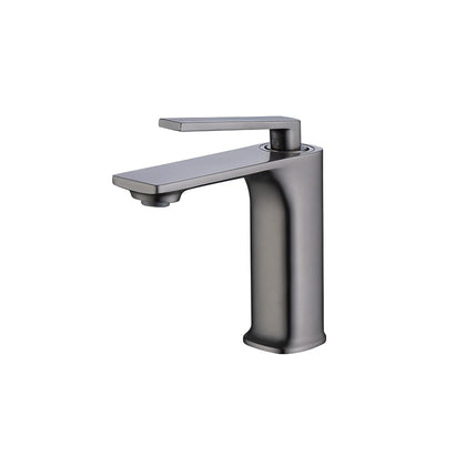 Gunmetal grey single-hole bathroom basin faucet, brass body, slim flat-paddle lever handle — SANIKB FYF-01036.