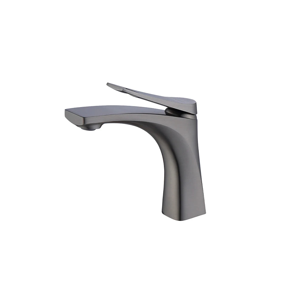 Gunmetal grey single-hole bathroom basin faucet, solid brass, sleek curved spout — SANIKB FYF-01056