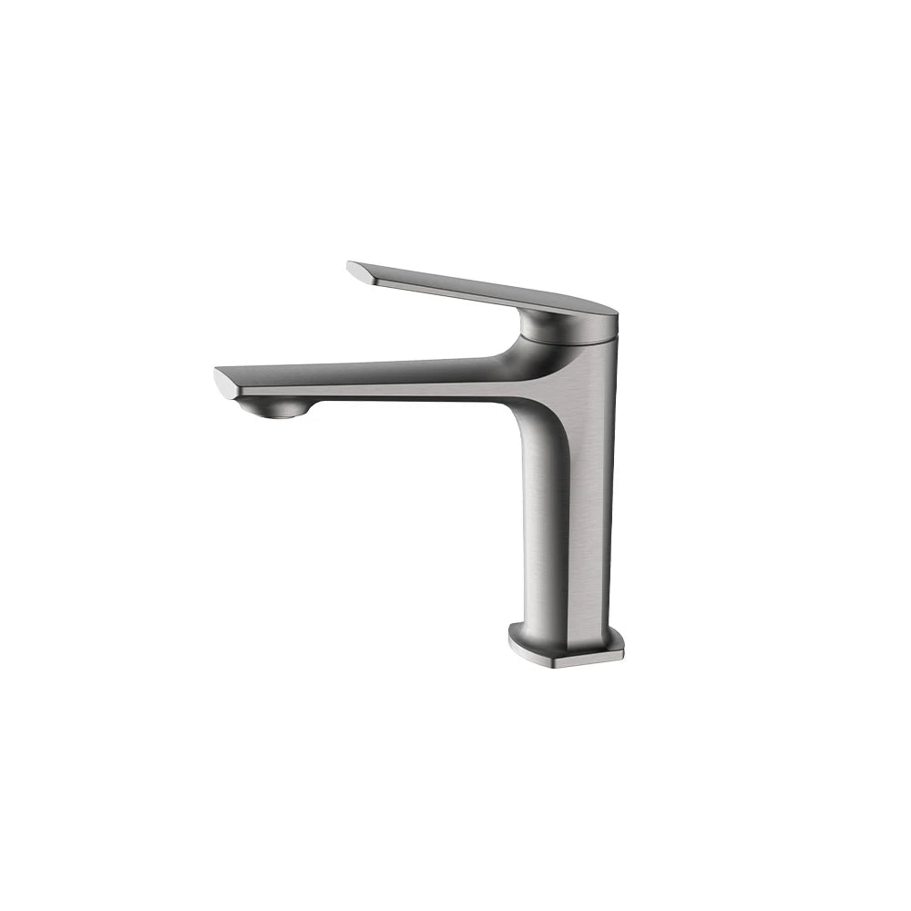 Brushed nickel single-hole bathroom basin faucet, brass, short body, sculpted lever — SANIKB FYF-01059.