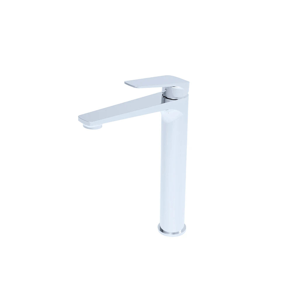 White and chrome tall vessel basin faucet, single hole, brass, angular spout — SANIKB FYF-01001.