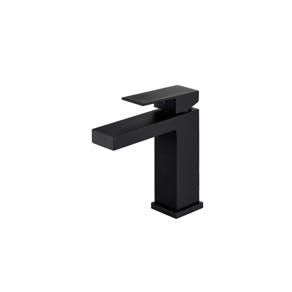 Matte black single-hole bathroom basin faucet, brass, short body, slim lever and angular spout — SANIKB FYF-01028.