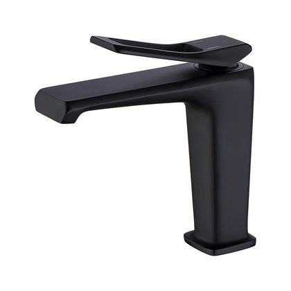 Matte black single-hole bathroom basin faucet, brass body, angular faceted spout — SANIKB FYF-01037.