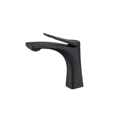 Matte black single-hole bathroom basin faucet, brass body, curved sweeping spout — SANIKB FYF-01056