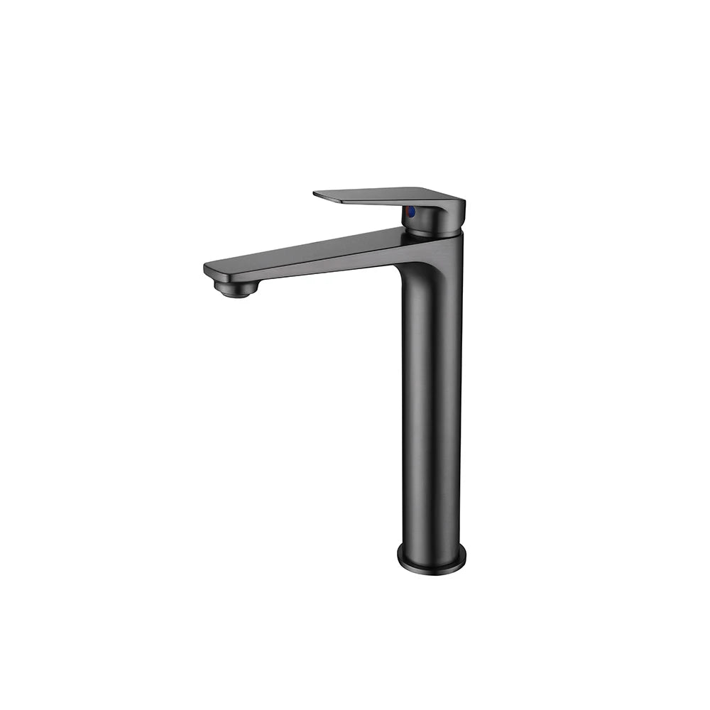 Gunmetal grey tall vessel basin faucet, single hole, brass body, squared lever — SANIKB FYF-01001.