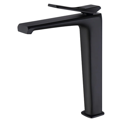 Matte black tall vessel-sink bathroom faucet, brass body, angular high spout — SANIKB FYF-01037.