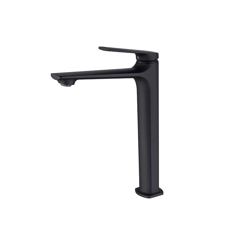 Matte black single-hole vessel basin faucet, brass, tall body for above-counter sinks — SANIKB FYF-01059.