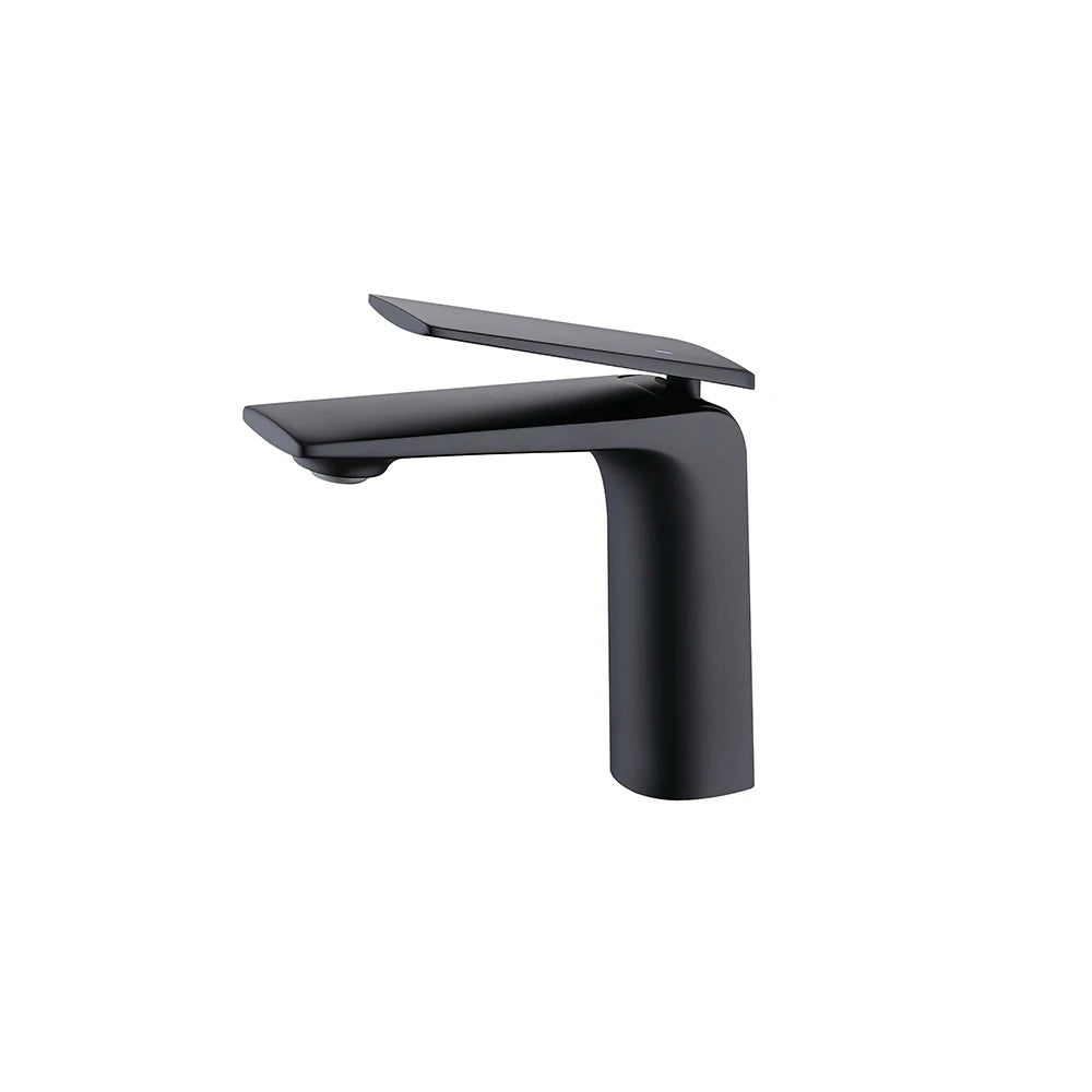 Matte black single-hole bathroom basin faucet, brass body, angular blade spout — SANIKB FYF-01647