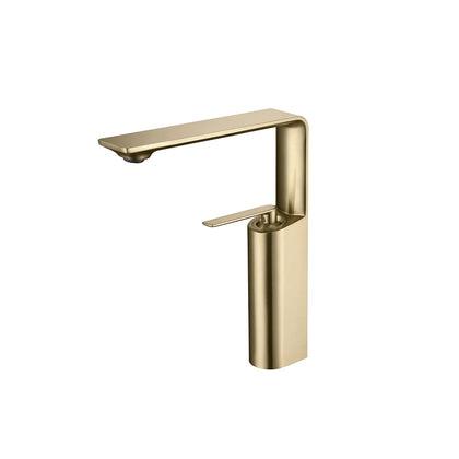 Brushed gold tall vessel basin faucet, brass, blade spout on high arched neck — SANIKB FYF-01674.