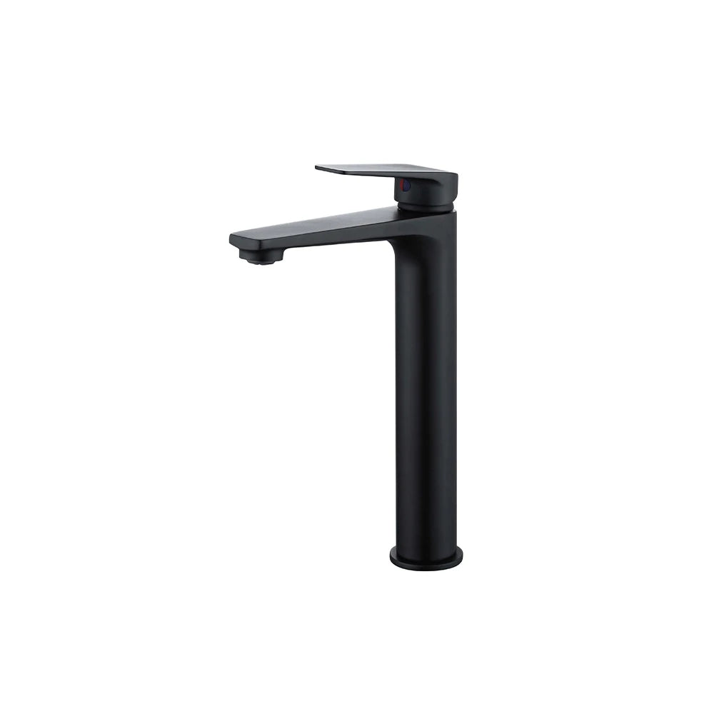 Matte black tall vessel basin faucet, single hole, brass, flat angular spout — SANIKB FYF-01001.