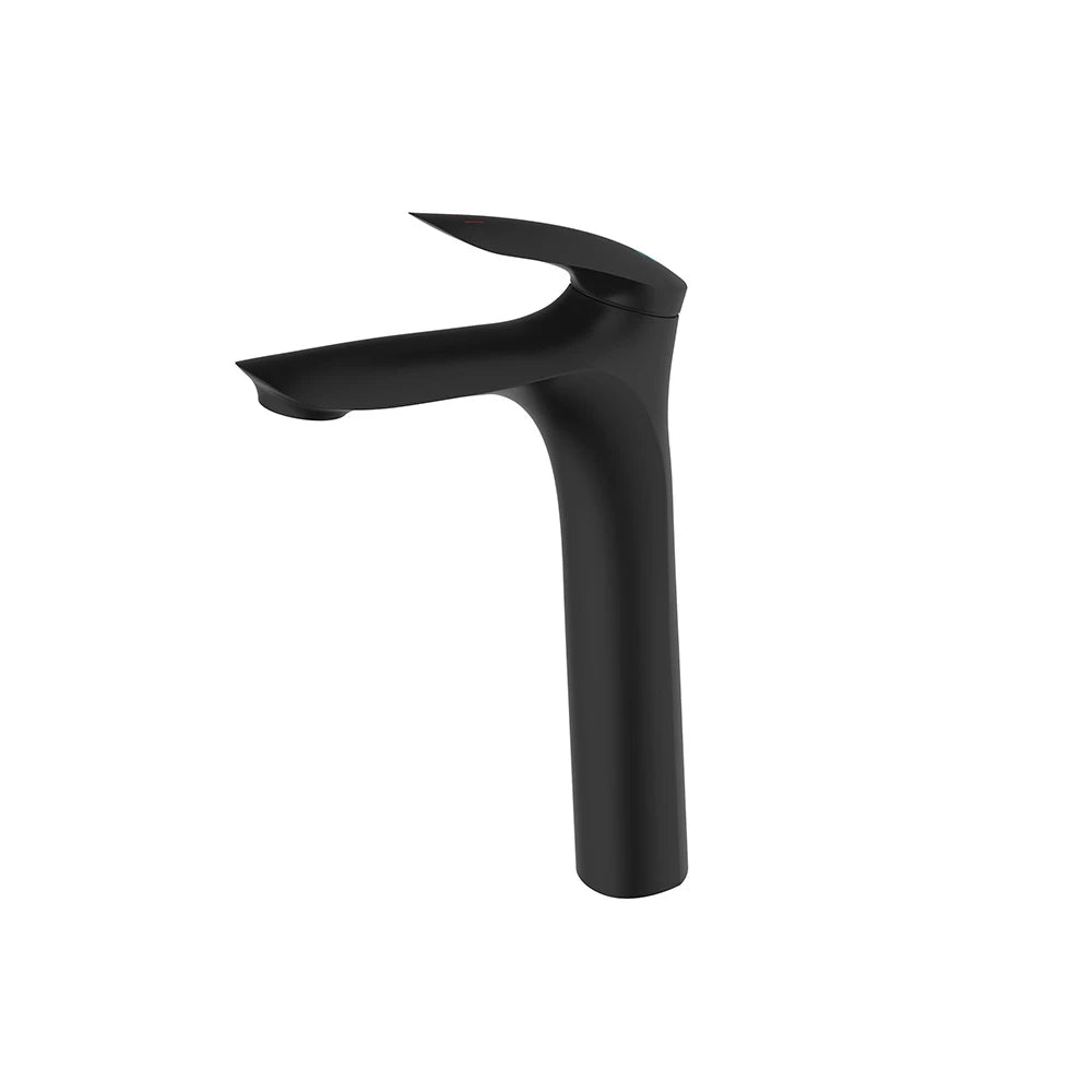 Matte black tall vessel bathroom faucet, brass, sculpted spout for above-counter basins — SANIKB FYF-01035.