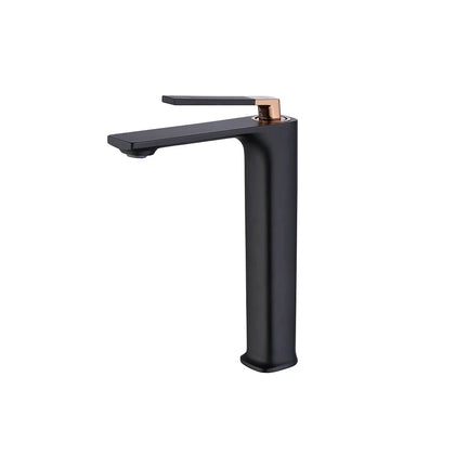 Matte black tall vessel basin faucet with rose-gold accent, brass, high-rise single-hole body — SANIKB FYF-01036.
