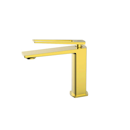 Polished gold single-hole bathroom basin faucet, brass body, flat angled spout and open-channel lever — SANIKB FYF-01050