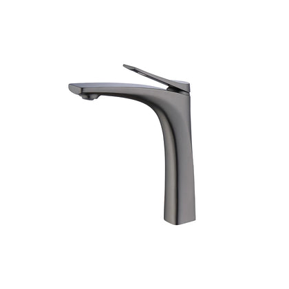 Gunmetal grey tall vessel bathroom basin faucet, brass, sweeping high-rise spout — SANIKB FYF-01056