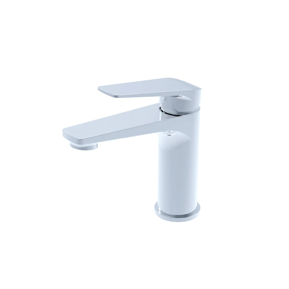 White and chrome single-hole bathroom basin faucet, brass, angular spout, standard body — SANIKB FYF-01001.