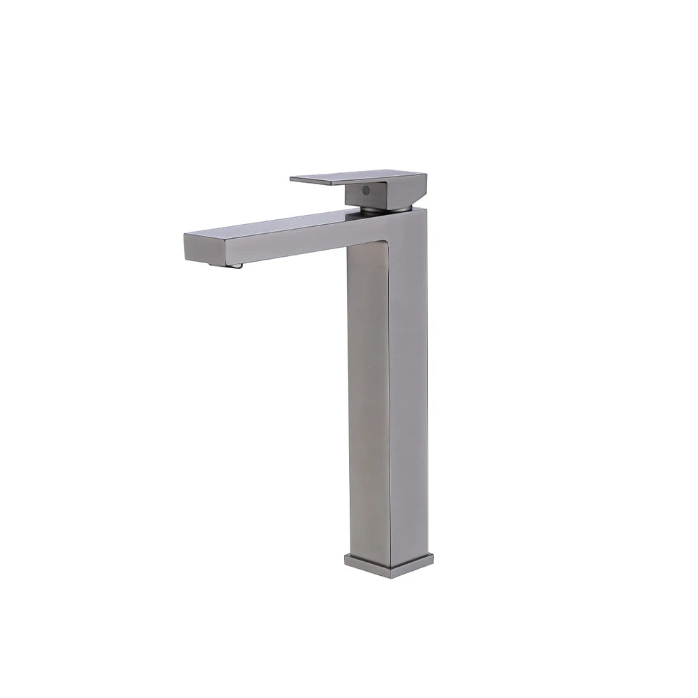 Brushed nickel single-hole vessel basin faucet, brass, tall square riser body, angular spout — SANIKB FYF-01028.