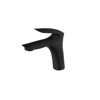 Matte black single-hole bathroom basin faucet, brass, short body, smooth tapered spout — SANIKB FYF-01035.
