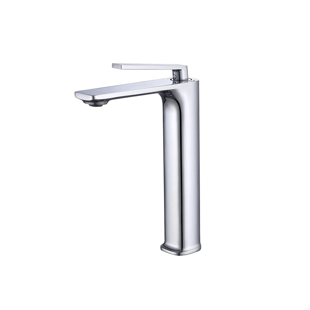 Polished chrome tall vessel single-hole bathroom faucet, brass, high-rise body, side profile — SANIKB FYF-01036.