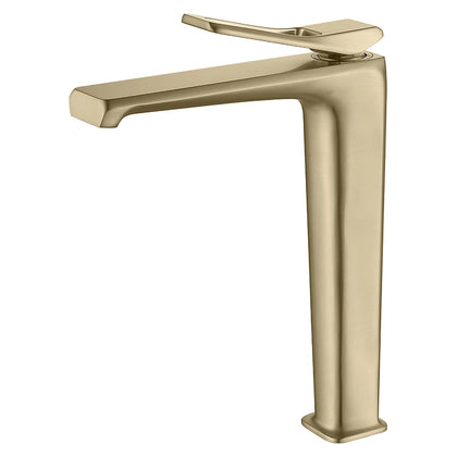 Brushed gold tall vessel-sink bathroom faucet, brass body, angular high spout — SANIKB FYF-01037.
