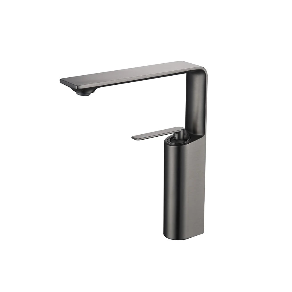 Gunmetal grey tall vessel basin faucet, brass, cantilevered blade spout — SANIKB FYF-01674.