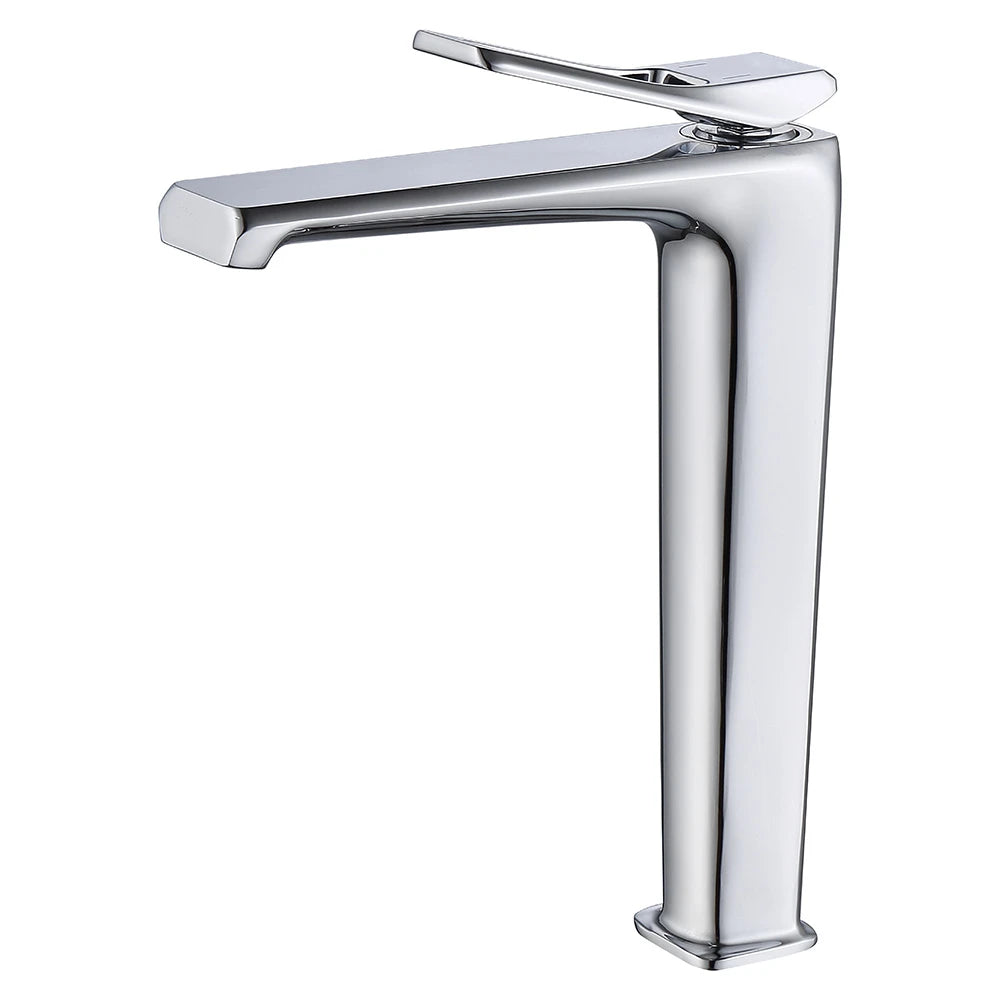 Polished chrome tall vessel-sink bathroom faucet, brass body, high-arc faceted spout — SANIKB FYF-01037.