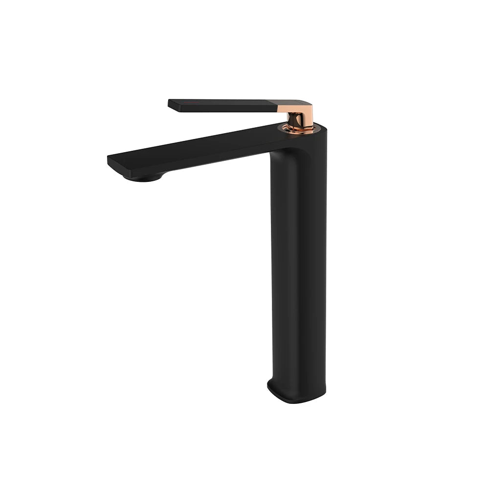 Matte black tall vessel basin faucet, rose-gold accent handle, brass high-rise body — SANIKB FYF-01036.