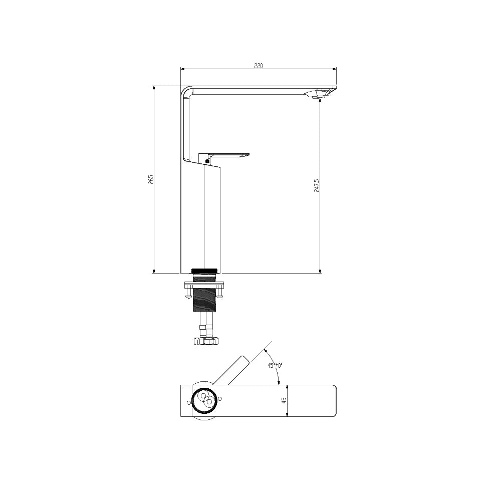 Dimensioned spec drawing for SANIKB FYF-01674 single hole bathroom faucet, tall vessel body height.