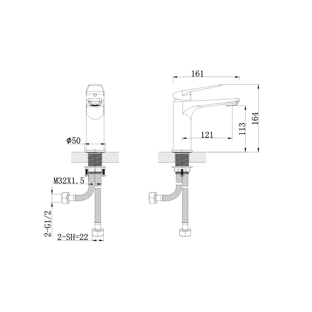 Dimensioned spec drawing for SANIKB FYF-01001 single hole basin faucet, standard body height variant.