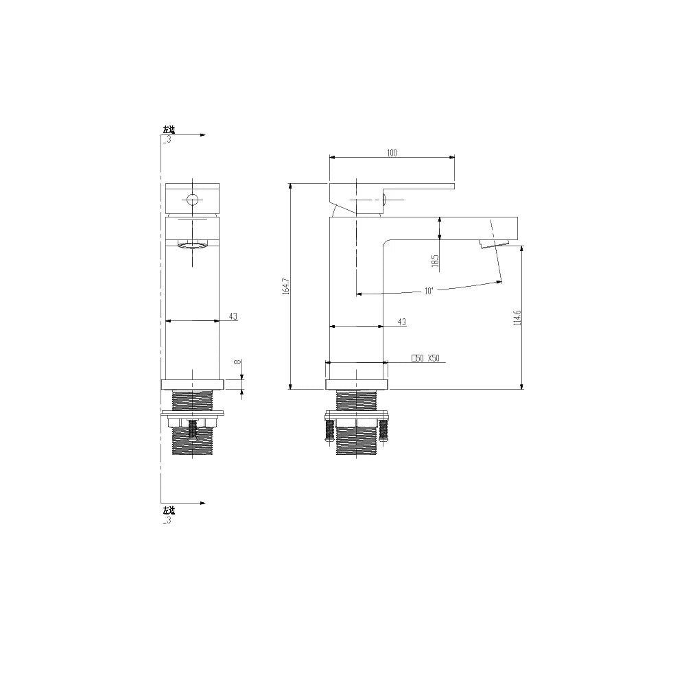 Dimensioned spec drawing for SANIKB FYF-01028 single-hole basin faucet, standard 164.7mm height variant.