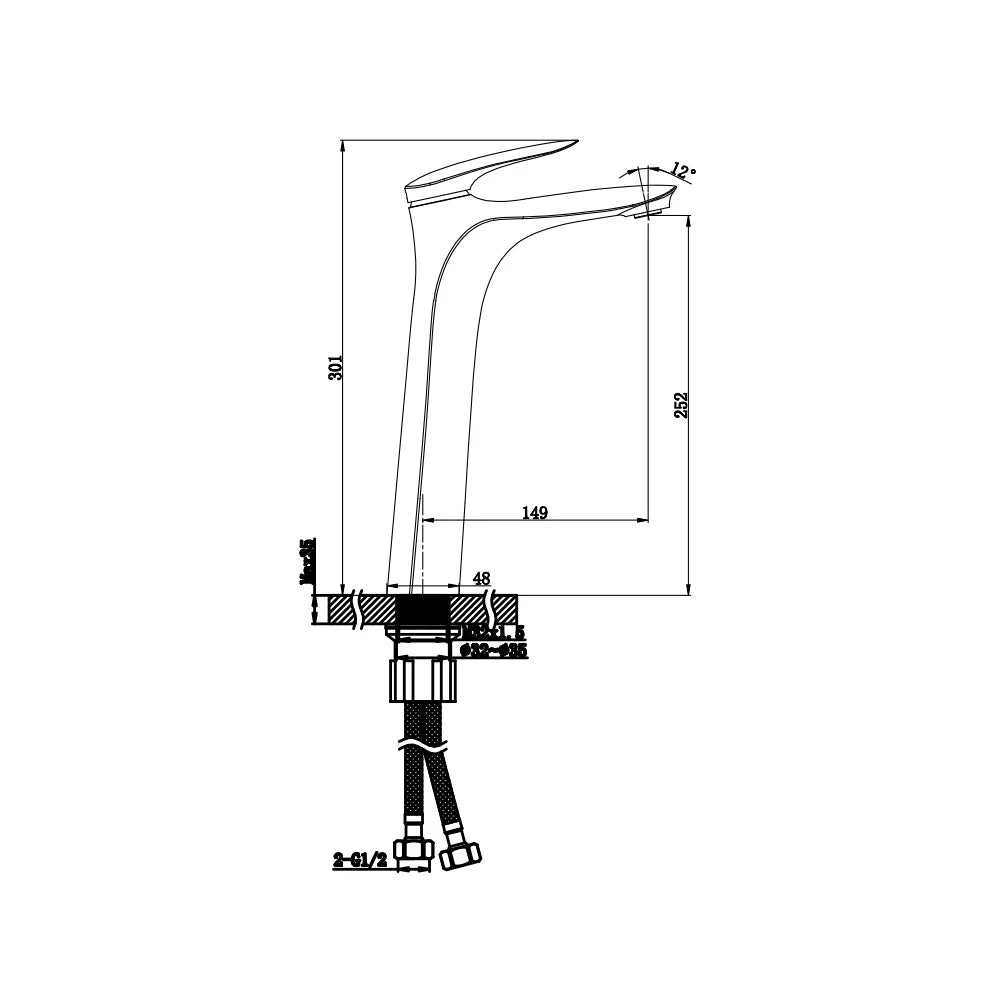 Dimensioned spec drawing for SANIKB FYF-01035 single hole faucet, tall 301mm vessel-basin height version.