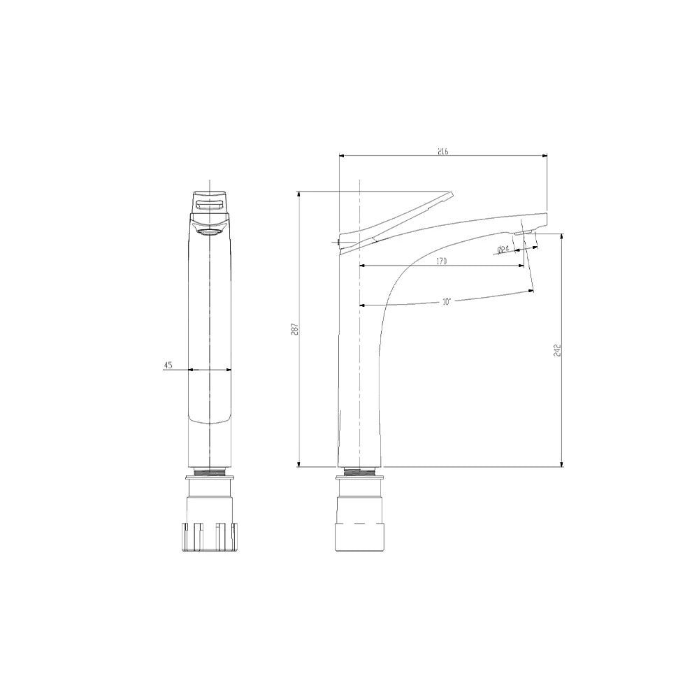 Dimensioned spec drawing for SANIKB FYF-01056 single hole bathroom faucet, tall vessel version (287mm height)