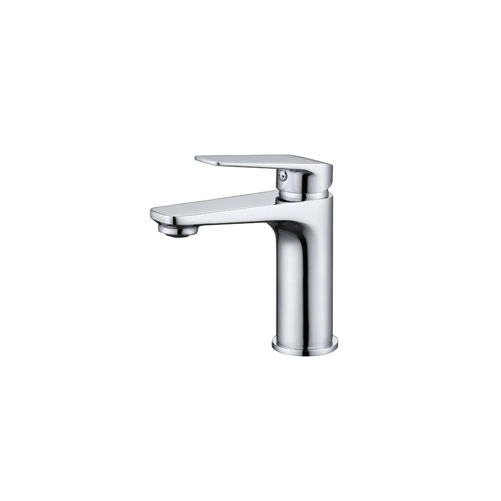 Polished chrome single-hole bathroom basin faucet, solid brass, flat angular spout, standard body — SANIKB FYF-01001.