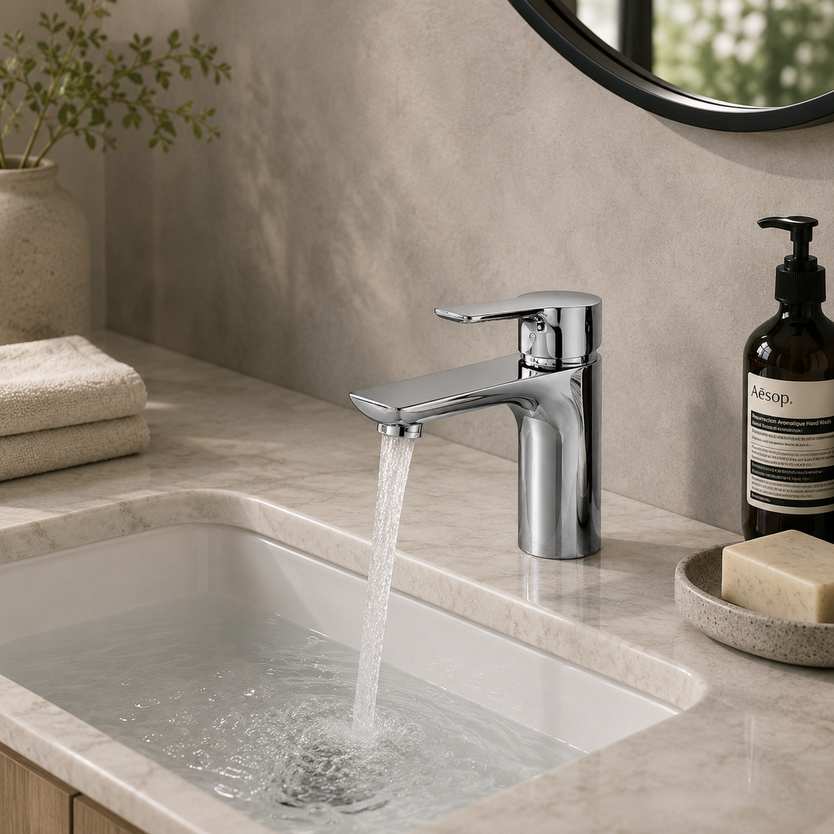 Brass single-hole bathroom basin faucet on a modern vanity scene | SANIKB OEM/ODM FYF-01006