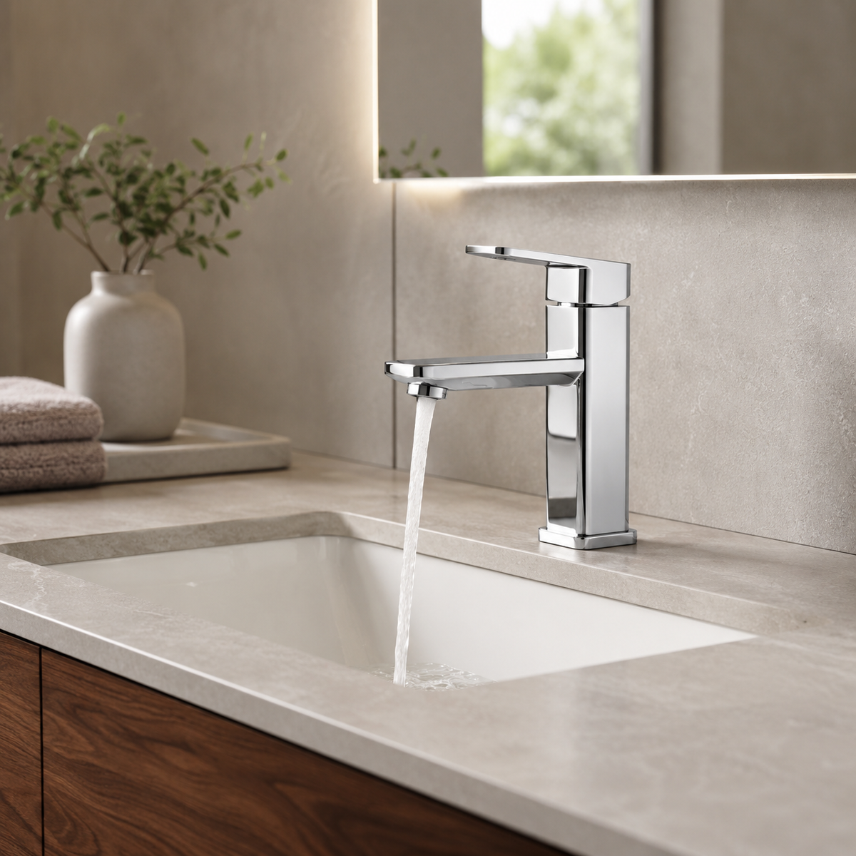 Brass single-hole bathroom basin faucet on a modern vanity scene | SANIKB OEM/ODM FYF-01009