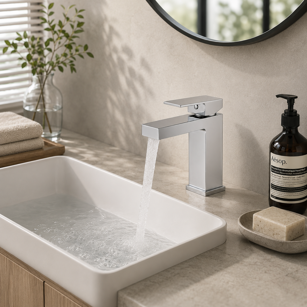 Brass single-hole bathroom basin faucet on a modern vanity scene | SANIKB OEM/ODM FYF-01028