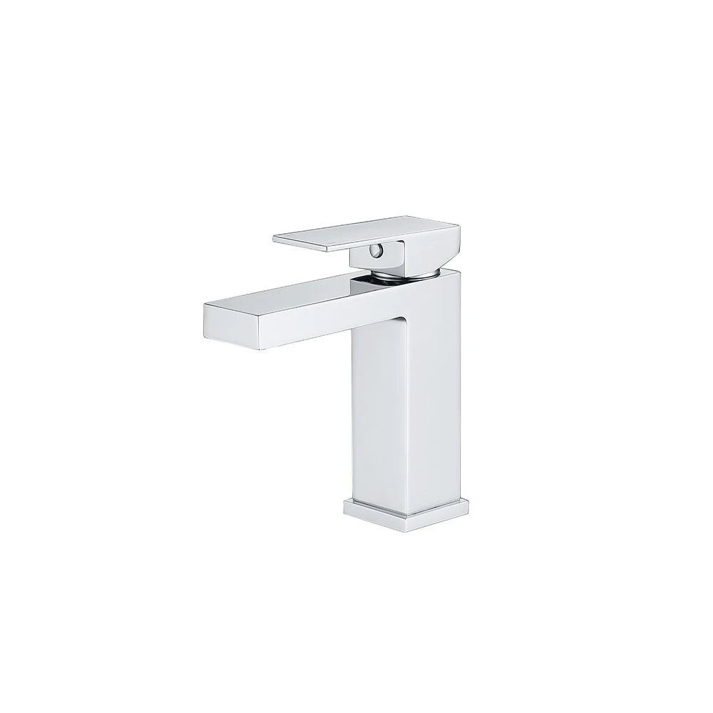 Polished chrome single-hole bathroom basin faucet, solid brass, squared body and flat angular spout — SANIKB FYF-01028.