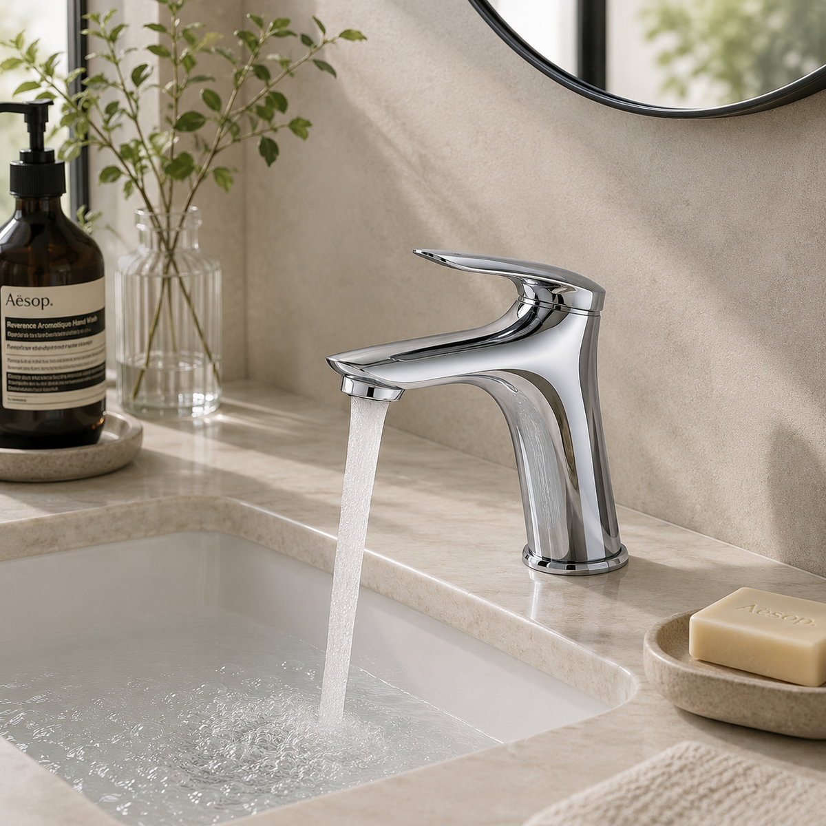 Brass single-hole bathroom basin faucet on a modern vanity scene | SANIKB OEM/ODM FYF-01035