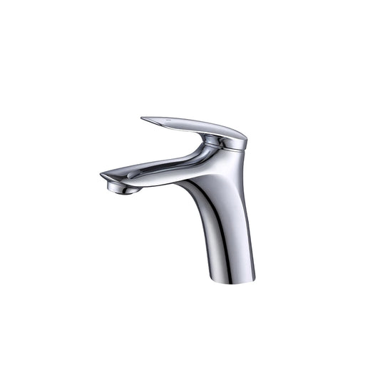 Polished chrome single-hole bathroom basin faucet, solid brass, curved wave-lever handle — SANIKB FYF-01035.