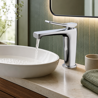 Brass single-hole bathroom basin faucet on a modern vanity scene | SANIKB OEM/ODM FYF-01037
