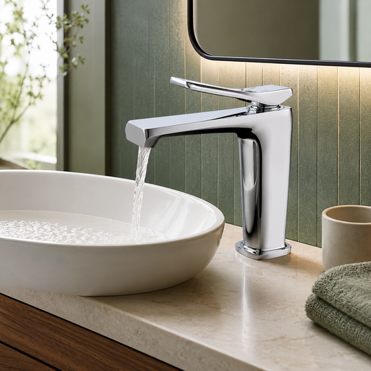 Brass single-hole bathroom basin faucet on a modern vanity scene | SANIKB OEM/ODM FYF-01037