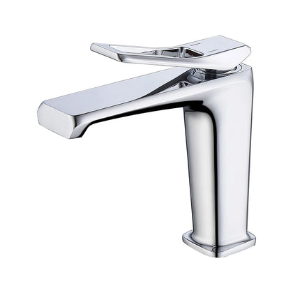 Polished chrome single-hole bathroom basin faucet, brass body, angular faceted spout — SANIKB FYF-01037.