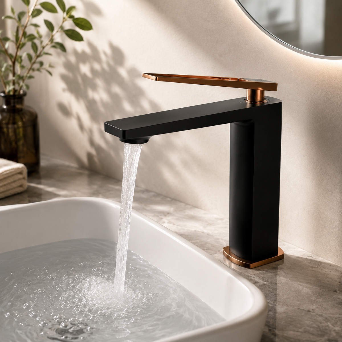 Brass single-hole bathroom basin faucet on a modern vanity scene | SANIKB OEM/ODM FYF-01050