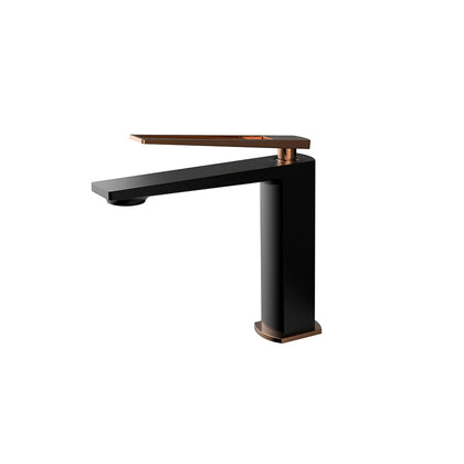 Matte black single-hole bathroom faucet with rose-gold open-channel lever and accents, brass body — SANIKB FYF-01050