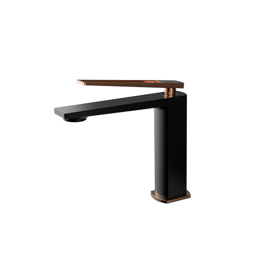 Matte black single-hole bathroom faucet with rose-gold open-channel lever and accents, brass body — SANIKB FYF-01050