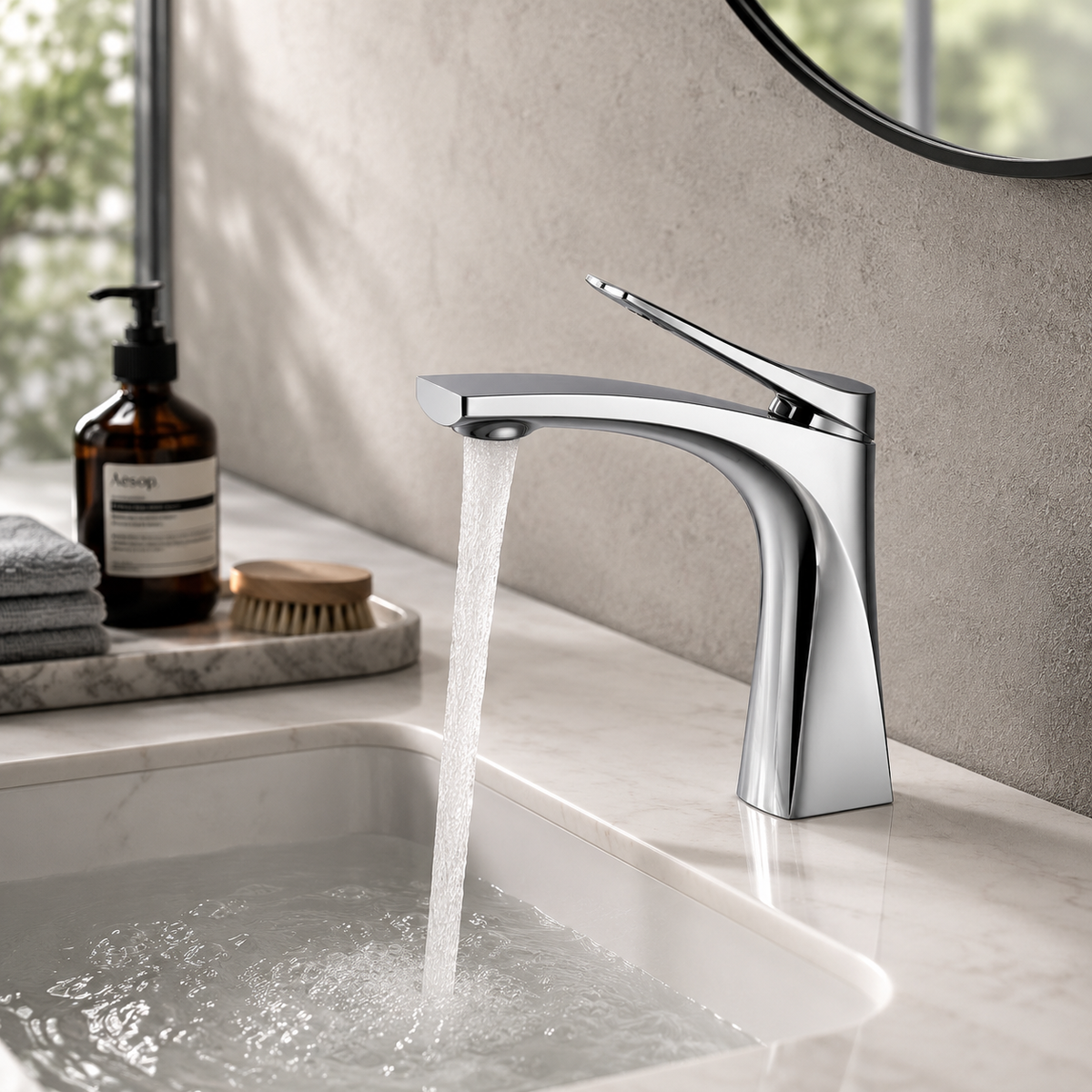 Brass single-hole bathroom basin faucet on a modern vanity scene | SANIKB OEM/ODM FYF-01056